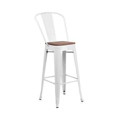 Donnelly Metal Dining Stool With Curved Slatted Back And Textured Wood Seat