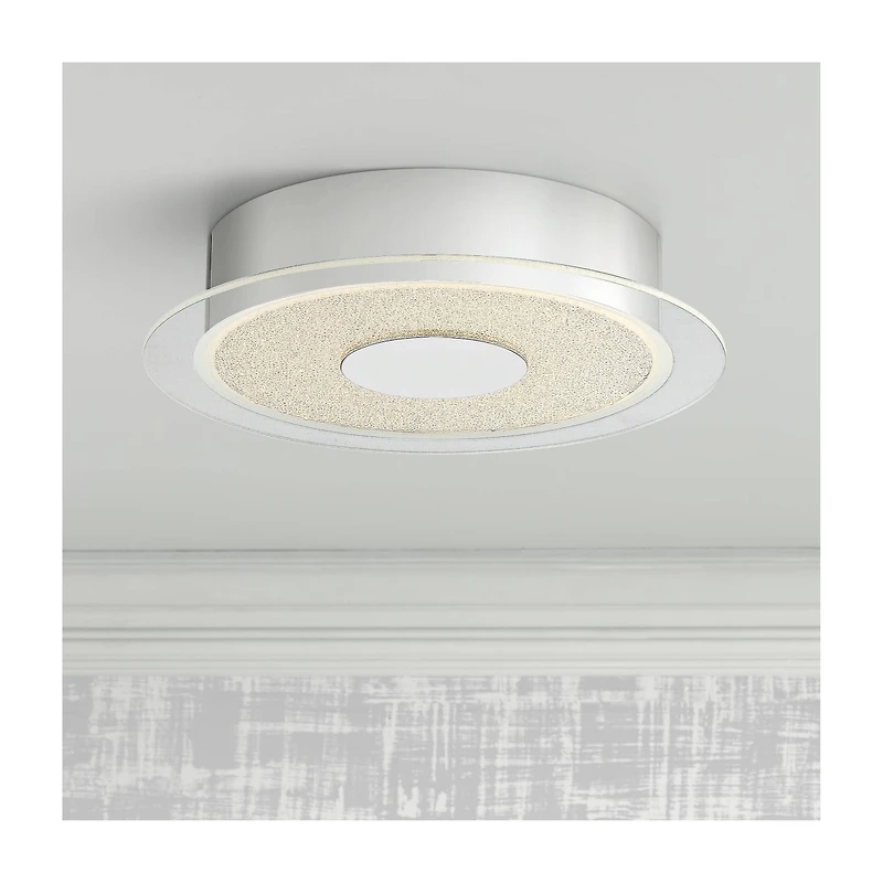 Possini Euro Design Crystal Sand Modern Ceiling Light Flush-Mount Fixture 11" Wide Chrome Led Round Clear Acrylic Ring for Bedroom Kitchen Living Room