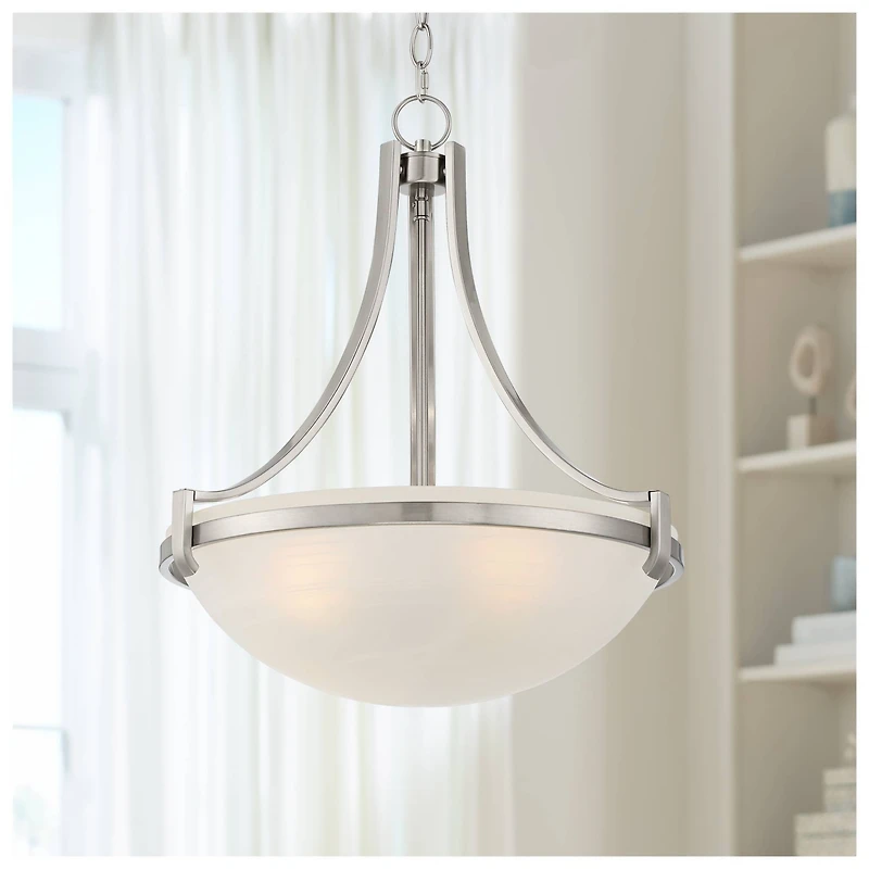 Regency Hill Mallot Brushed Nickel Silver Metal Pendant Chandelier 20" Wide Modern Frosted Glass Bowl Shade 4-Light Fixture for Dining Room House Foye
