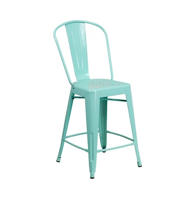 Stella 24" Metal Indoor-Outdoor Counter Stool With Vertical Slat Back And Integrated Footrest