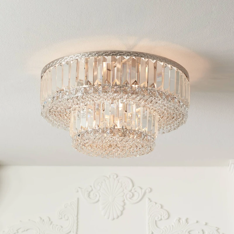 Vienna Full Spectrum Magnificence Modern Ceiling Light Flush Mount Fixture 16" Wide Brushed Satin Nickel Faceted Crystal Glass for Bedroom Living