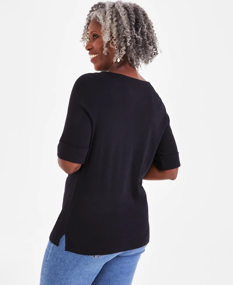 Style & Co Women's Boat-Neck Elbow Sleeve Cotton Top, Exclusively at Macy's