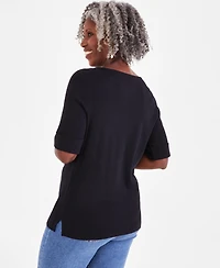 Style & Co Women's Boat-Neck Elbow Sleeve Cotton Top, Exclusively at Macy's