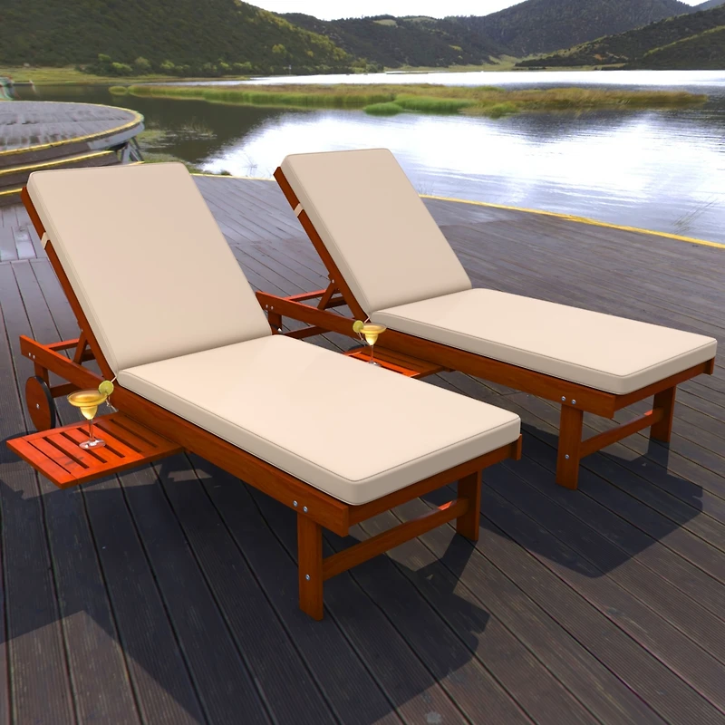 Jonathan Y Seabrook 69 x 24 Inch Outdoor Acacia Wood Lounger with Cushion, 5-Position Back, Slide Table & Wheels, Dark Brown