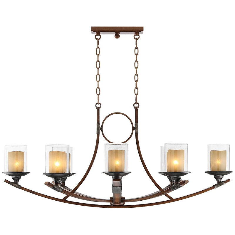 Franklin Iron Works Tafford Warm Mahogany Wood Island Linear Pendant Chandelier 43 1/4" Wide Farmhouse Rustic Clear Scavo Glass Faux Candle Shades 8-L