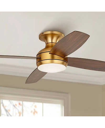 52" Casa Vieja Elite Modern Hugger Indoor Ceiling Fan with Light Led Remote Control Soft Brass Walnut Brown Opal Glass for Living Room Kitchen Ho