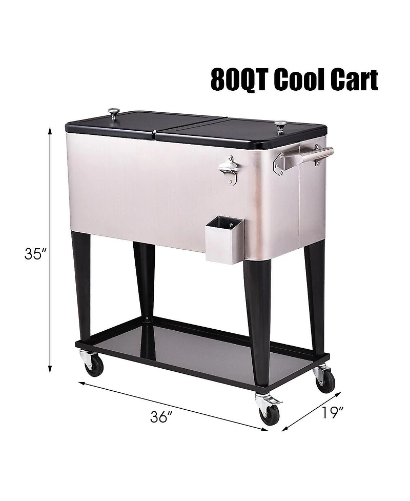 Costway Patio Cooler Rolling Outdoor Stainless Steel Ice Beverage Chest Pool