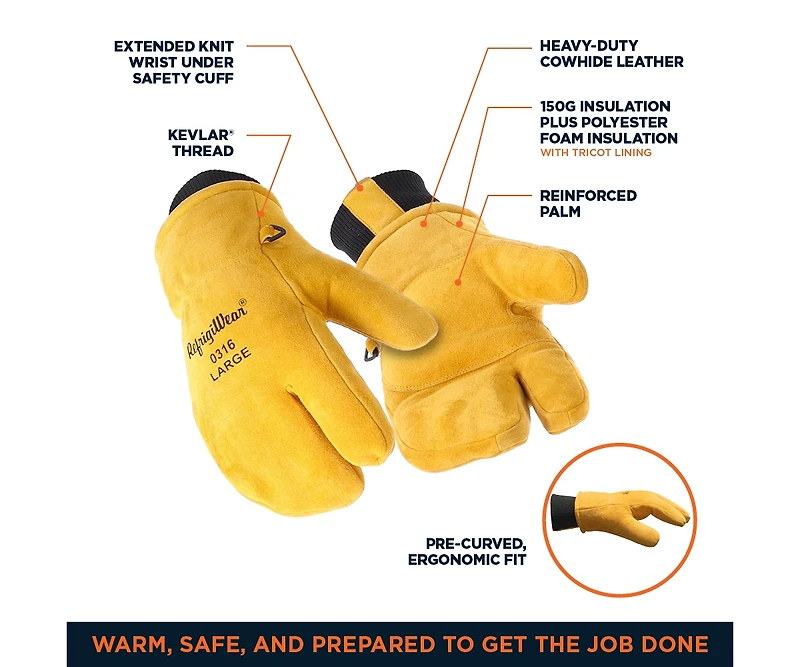 RefrigiWear Men's Heavy-Duty 3-Finger Mitt with Double Cuff - Insulated Leather Gloves for Extreme Cold Protection