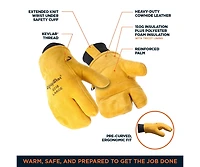RefrigiWear Men's Heavy-Duty 3-Finger Mitt with Double Cuff - Insulated Leather Gloves for Extreme Cold Protection
