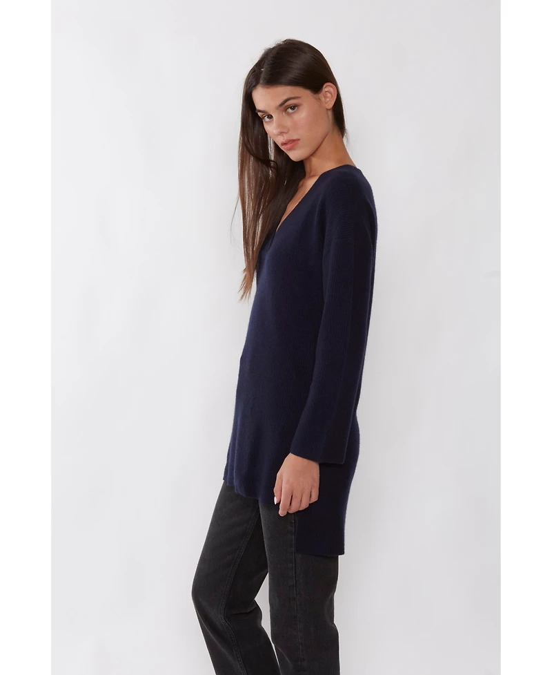 Jennie Liu Women's 100% Pure Cashmere Long Sleeve Ribbed Tunic Sweater