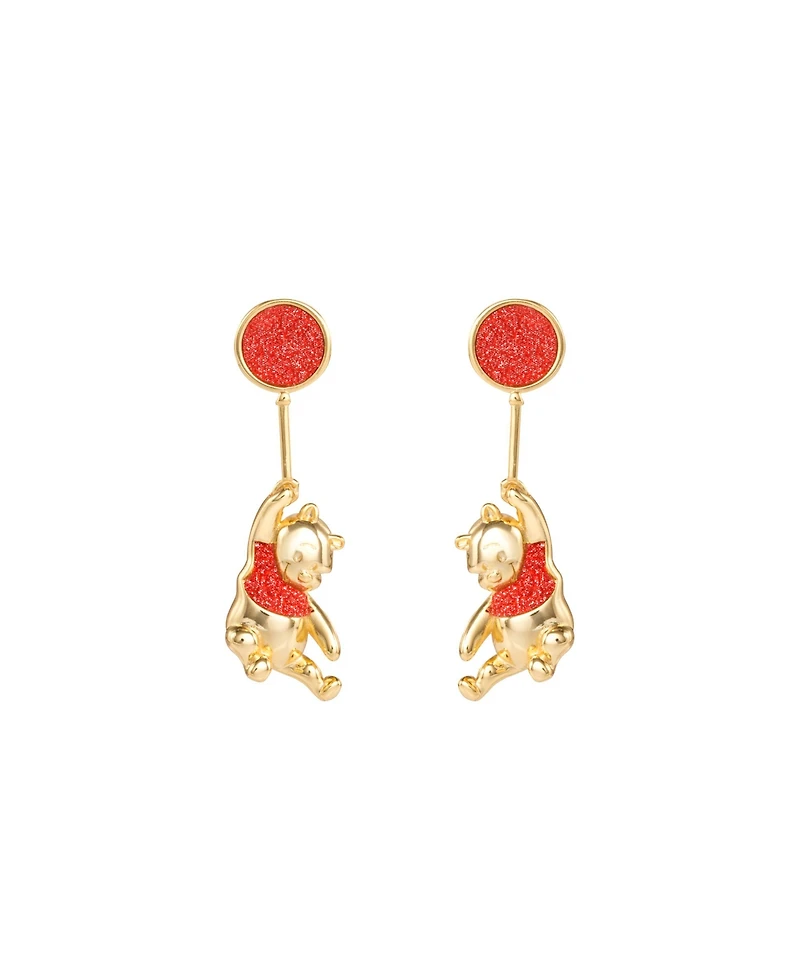 Disney Womens Winnie the Pooh Gold Plated Red Glitter Balloon Swinging Earrings