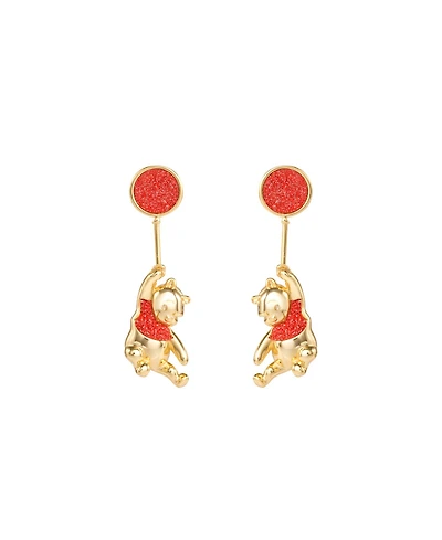 Disney Womens Winnie the Pooh Gold Plated Red Glitter Balloon Swinging Earrings