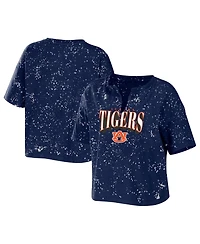 Women's Wear by Erin Andrews Navy Auburn Tigers Bleach Wash Splatter Cropped Notch Neck T-shirt