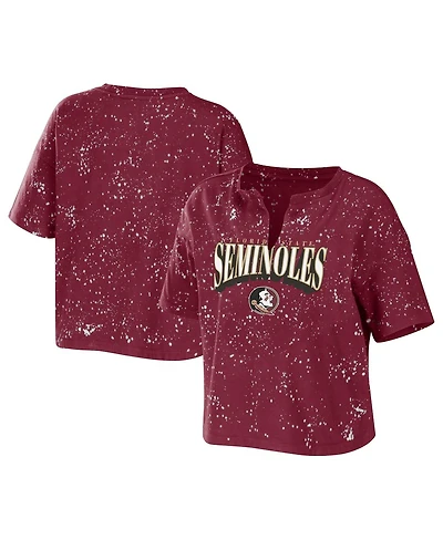 Women's Wear by Erin Andrews Garnet Florida State Seminoles Bleach Wash Splatter Cropped Notch Neck T-shirt