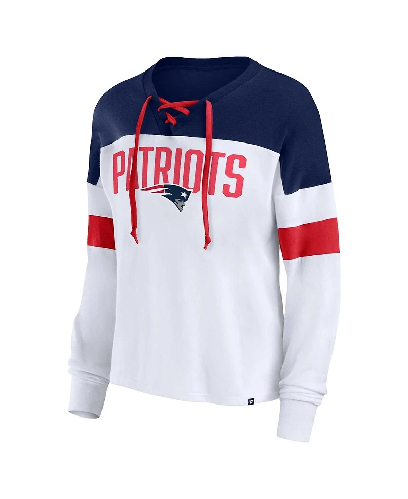 Women's Fanatics White, Navy New England Patriots Plus Even Match Lace-Up Long Sleeve V-Neck Top