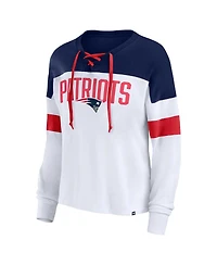 Women's Fanatics White, Navy New England Patriots Plus Even Match Lace-Up Long Sleeve V-Neck Top