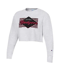 Women's Champion Heather Gray Distressed Wisconsin Badgers Reverse Weave Cropped Pullover Sweatshirt