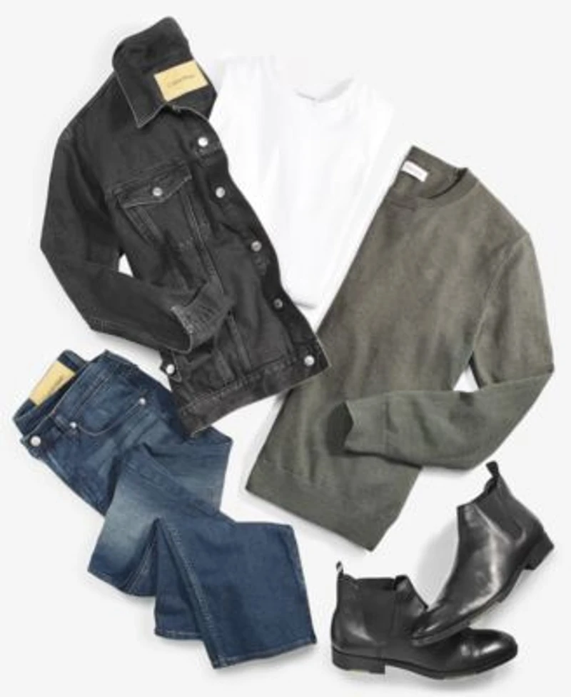 Calvin Klein Mens Trucker Jacket Monogram Logo Sweater Solid T Shirt Standard Straight Fit Stretch Jeans