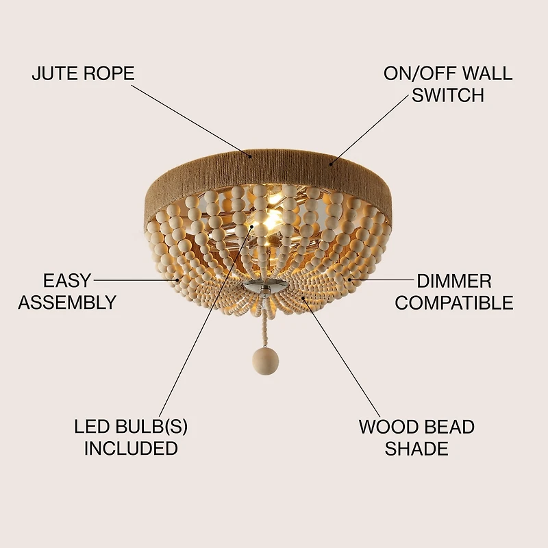 Jonathan Y Justina Wood Bead Farmhouse Bohemian Iron Led Flush Mount Ceiling Light