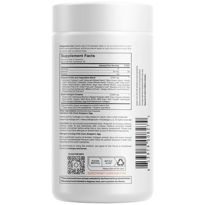 Codeage Multi Collagen Protein + Organic Raw Greens Superfood Capsules Supplement, 21 Fruits & Veggies, Grass-Fed Hydrolyzed Collagen Peptides, 5 Type