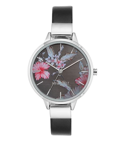 Nine West Women's Quartz Black Faux Leather Band and Floral Pattern Watch, 38mm