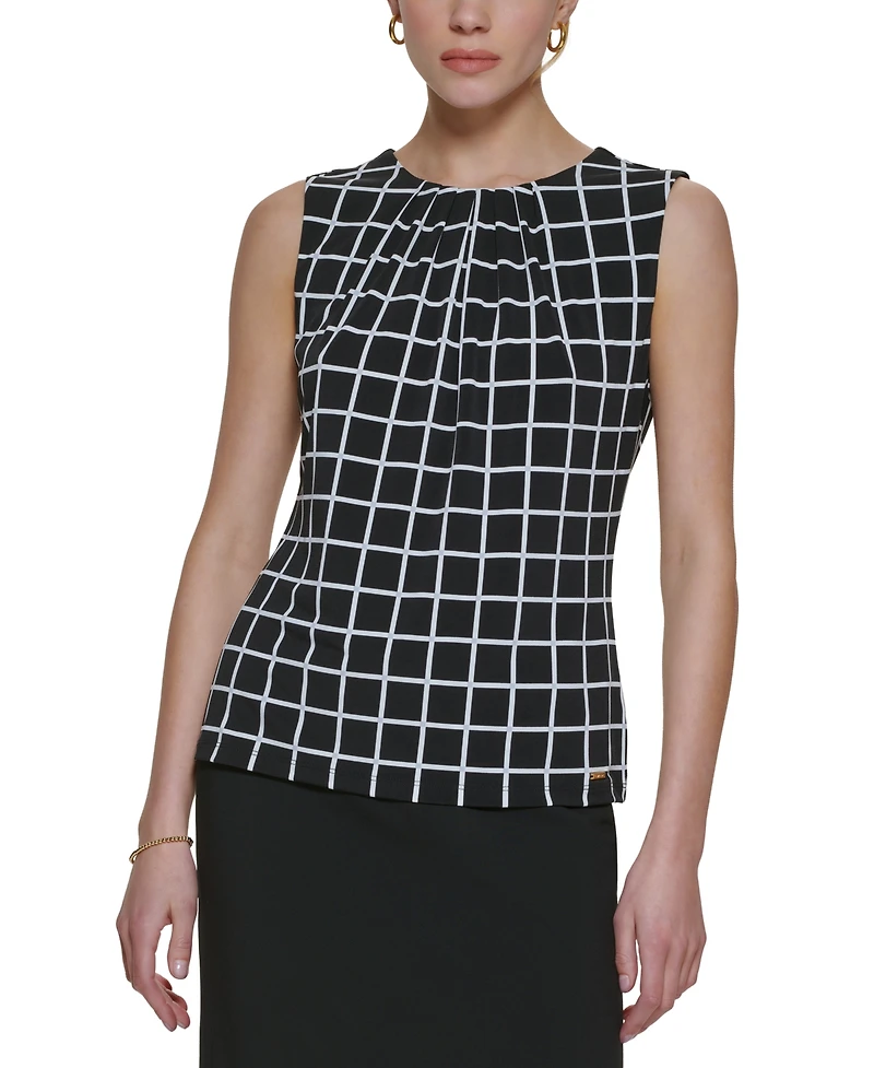 Calvin Klein Printed Pleat-Neck Blouse, Regular and Petite Sizes
