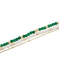 Cultured Freshwater Pearl (3 - 3-1/2mm), Dyed Jade, & Polished Bead Triple Layer Bracelet in 14k Gold-Plated Sterling Silver