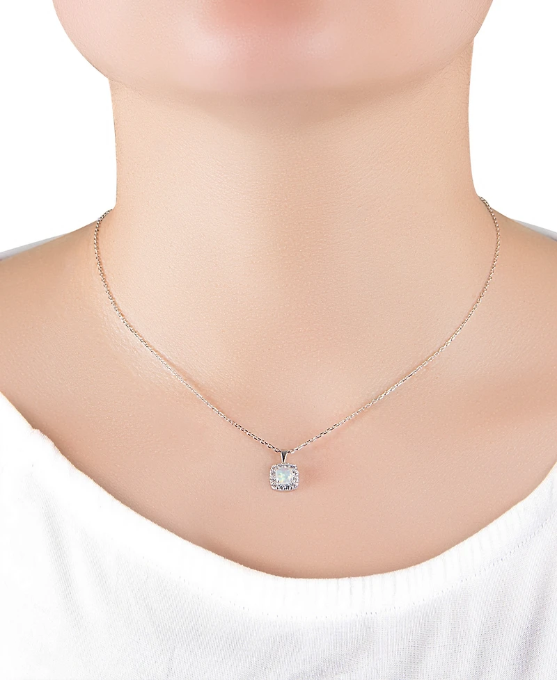 Simulated Opal & Pave Halo Square Pendant Necklace in Sterling Silver, 16" + 2" extender