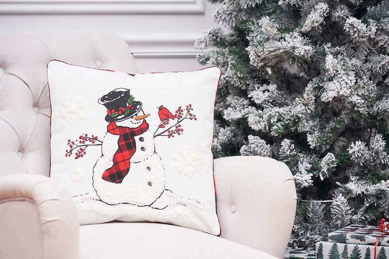 Snowman Cardinal Embroidered Throw Pillow