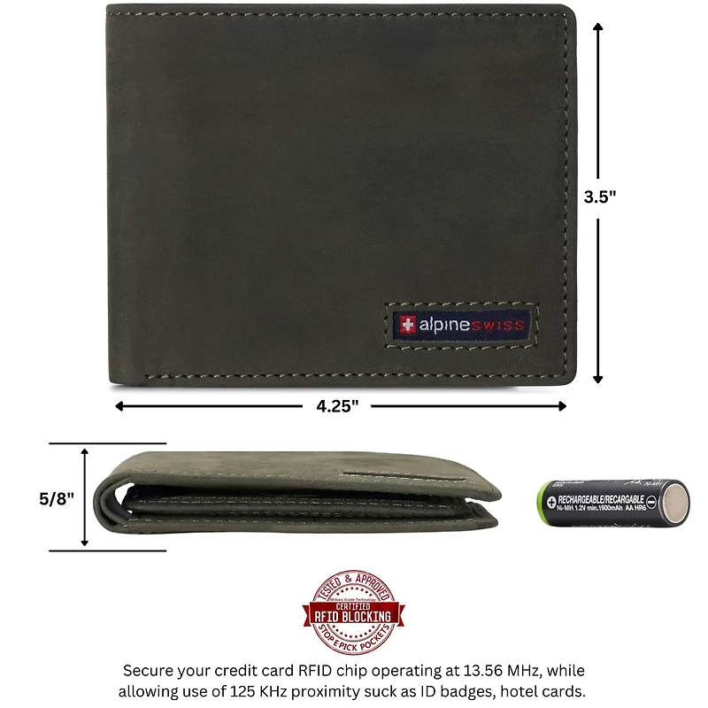 Alpine Swiss Mens Genuine Leather Rfid Safe Bifold Wallet Passcase 2 Id Windows