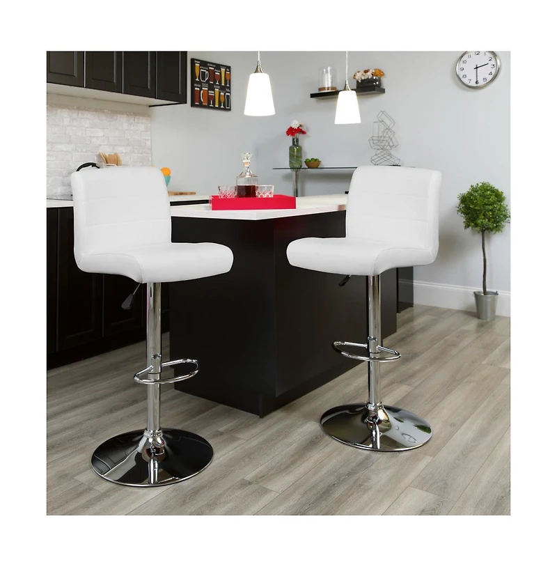2 Pack Contemporary Vinyl Adjustable Height Barstool With Rolled Seat And Chrome Base