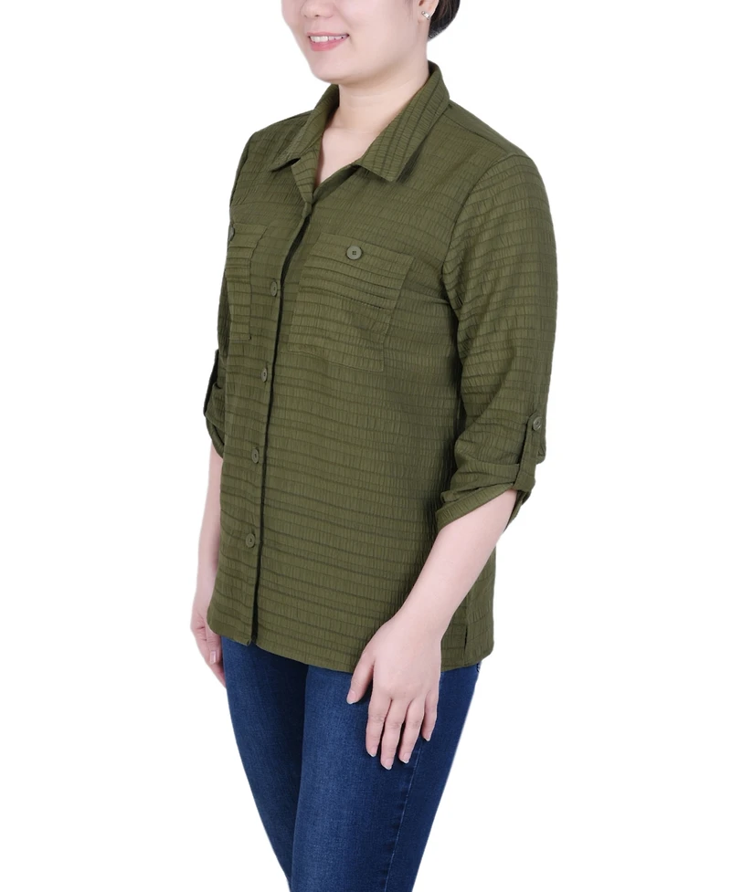 Ny Collection Petite Roll Tab Sleeve Jacquard Top