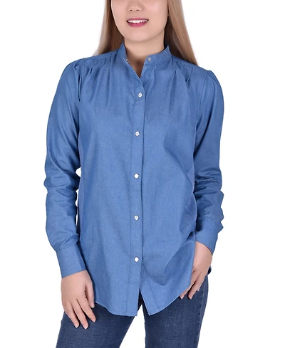 Ny Collection Petite Long Sleeve Chambray Blouse