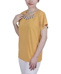 Ny Collection Petite Short Sleeve Knit Top with Hardware