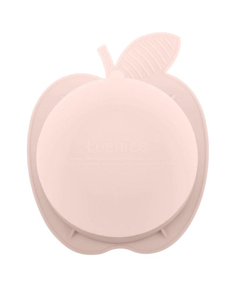Kushies Silicone Suction Bowl and Spoon Set, Unbreakable, Microwave Safe, Pink Apple