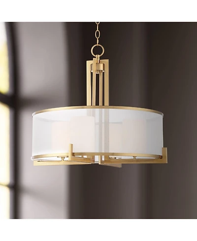 Possini Euro Design Antique Brass Pendant Chandelier 24" Wide Modern Drum Shade 4-Light Fixture for Dining Room House Living Room