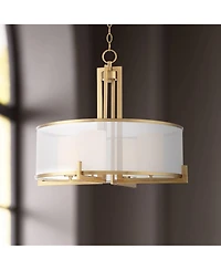 Possini Euro Design Antique Brass Pendant Chandelier 24" Wide Modern Drum Shade 4-Light Fixture for Dining Room House Living Room