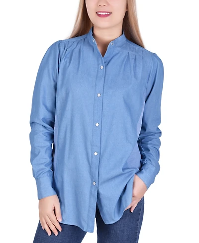 Ny Collection Petite Long Sleeve Chambray Blouse