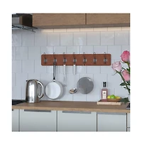 Enid 34 Inch Wall Mount Pine Wood Storage Rack With Hanging Hooks, Entryway, Kitchen, Bathroom