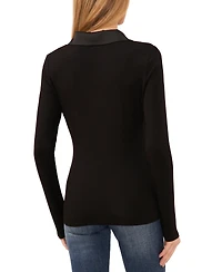 CeCe Women's Woven-Collar Knit Long-Sleeve Top