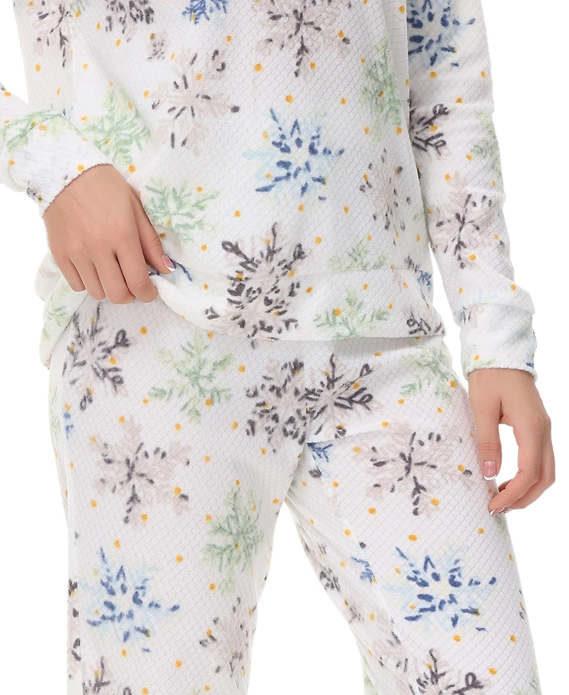 Ink+Ivy Women's Printed Microfleece V-neck Long Sleeve Top with Jogger 2 Pc Pajama Set