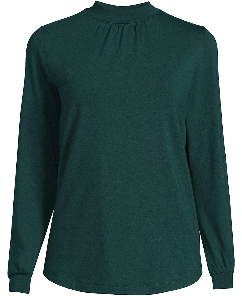 Lands' End Women's Plus Jersey Long Sleeve Gathered Mock Neck Tee
