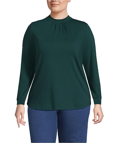 Lands' End Women's Plus Jersey Long Sleeve Gathered Mock Neck Tee