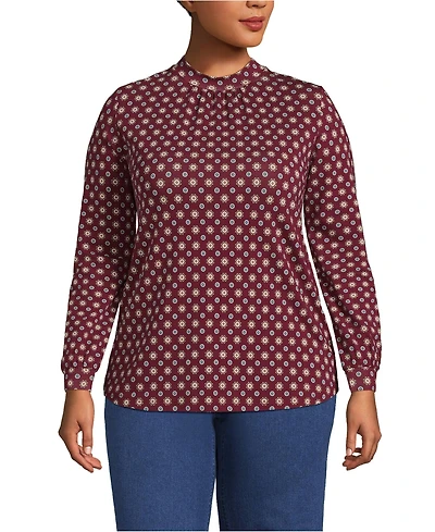 Lands' End Women's Plus Jersey Long Sleeve Gathered Mock Neck Tee