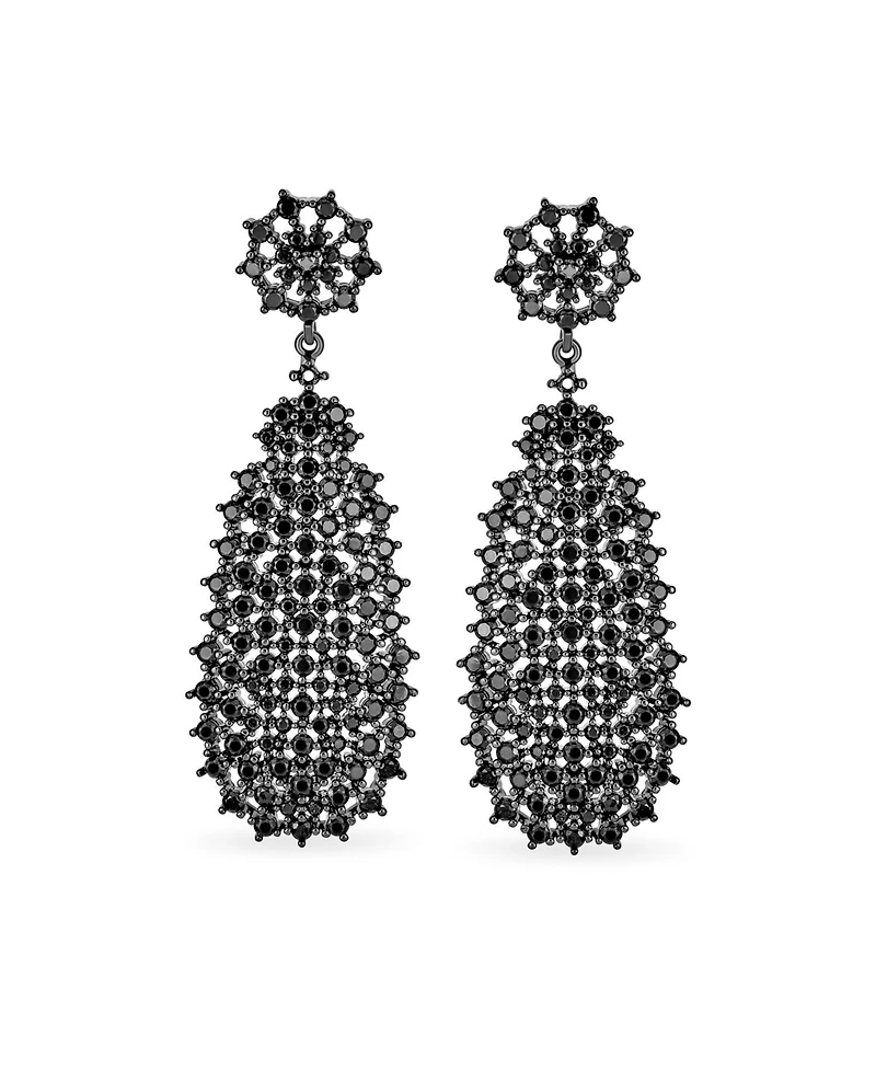 Bling Jewelry Formal Holiday Party Fashion Statement Black Crystal Dangle Linear Drop Teardrop Chandelier Earrings Prom Black Plated 2" Long