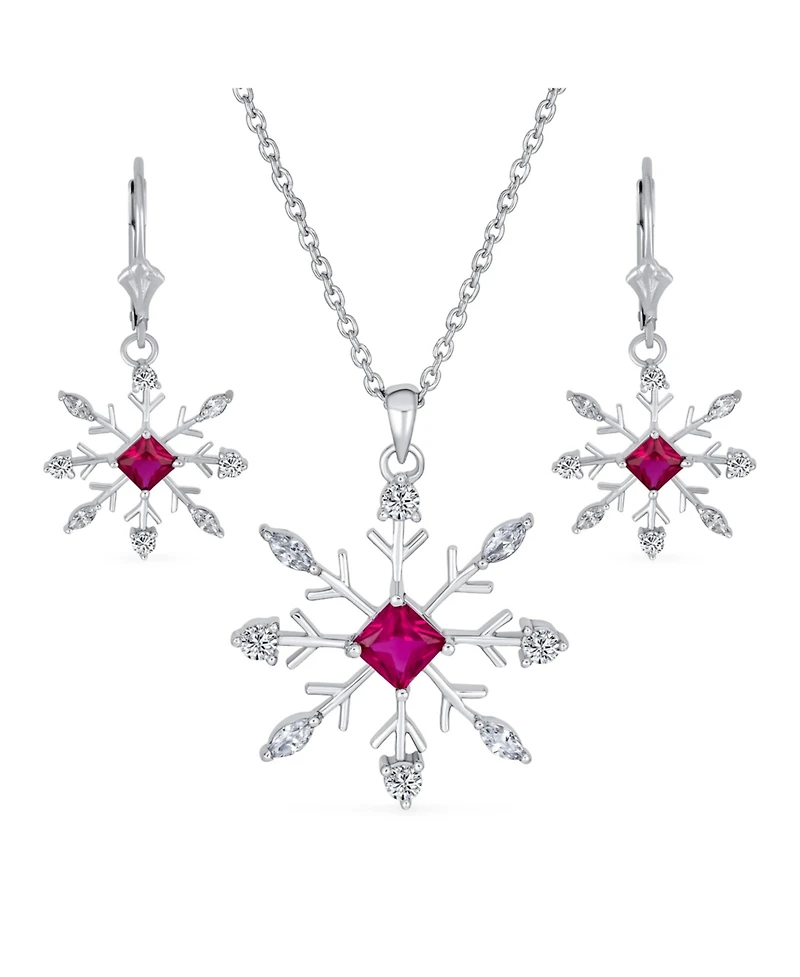 Holiday Party Christmas Pink Rose Cz Clear Cubic Zirconia Snowflake Necklace Pendant Dangling Earrings Jewelry Set For Women Lever Back .925 sterling
