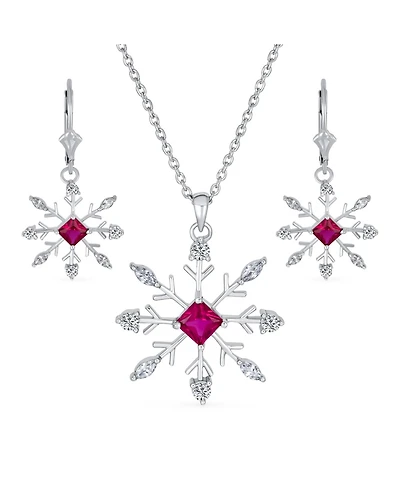 Holiday Party Christmas Pink Rose Cz Clear Cubic Zirconia Snowflake Necklace Pendant Dangling Earrings Jewelry Set For Women Lever Back .925 sterling