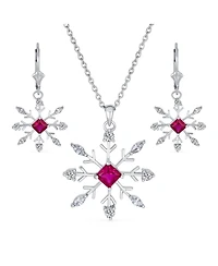 Holiday Party Christmas Pink Rose Cz Clear Cubic Zirconia Snowflake Necklace Pendant Dangling Earrings Jewelry Set For Women Lever Back .925 sterling