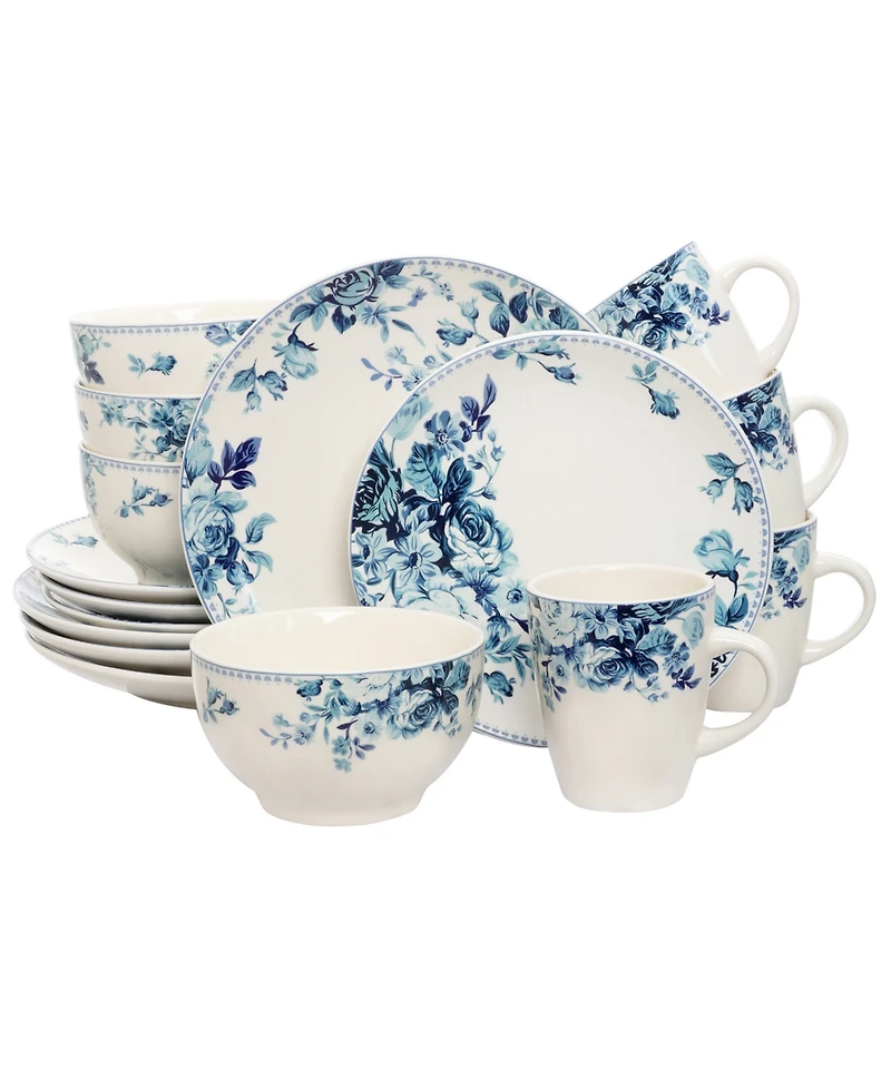 Elama Blue Rose 16 Pc. Dinnerware Set, Service for 4