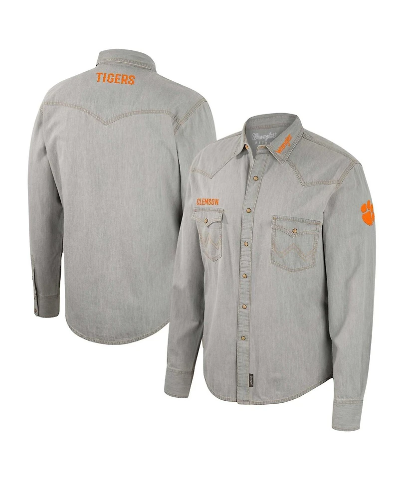 Men's Colosseum x Wrangler Gray Clemson Tigers Cowboy Cut Western Full-Snap Long Sleeve Shirt